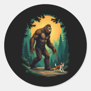 Camping Hiking Bigfoot Walking With Boston Terrier Classic Round Sticker