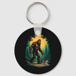 Camping Hiking Bigfoot Walking With Boston Terrier Keychain