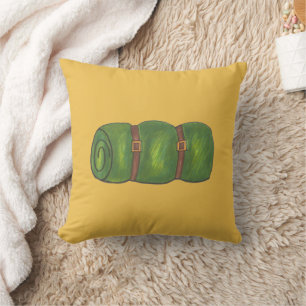 Camping Hiking Green Yellow Tent Sleeping Bag Camp Throw Pillow