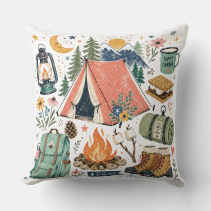 Camping Illustration Throw Pillow
