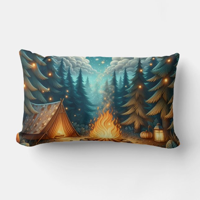 Camping in Forest Lumbar Pillow (Front)