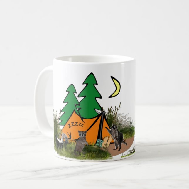 Camping in the Woods with Raccoon Funny Coffee Mug (Front Left)