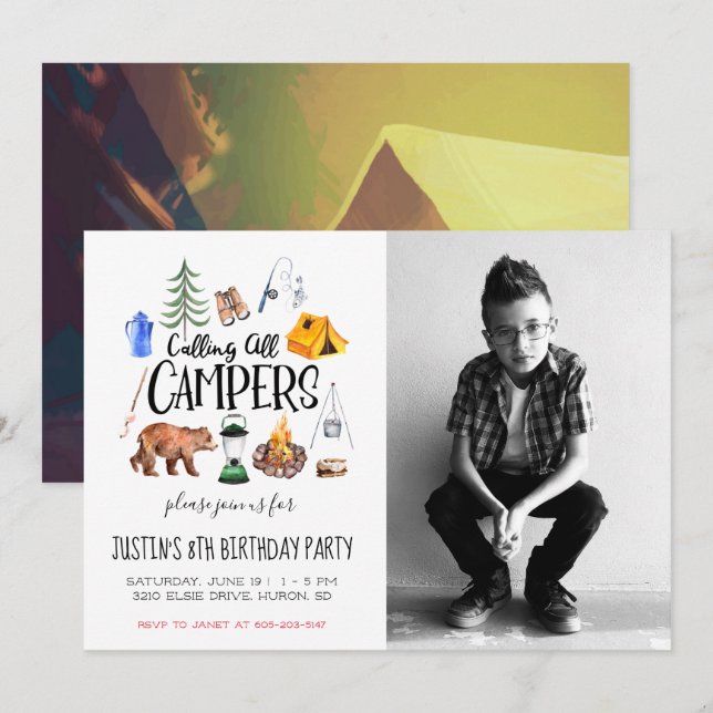 Camping Invitation à une fête à thème (Devant / Derrière)