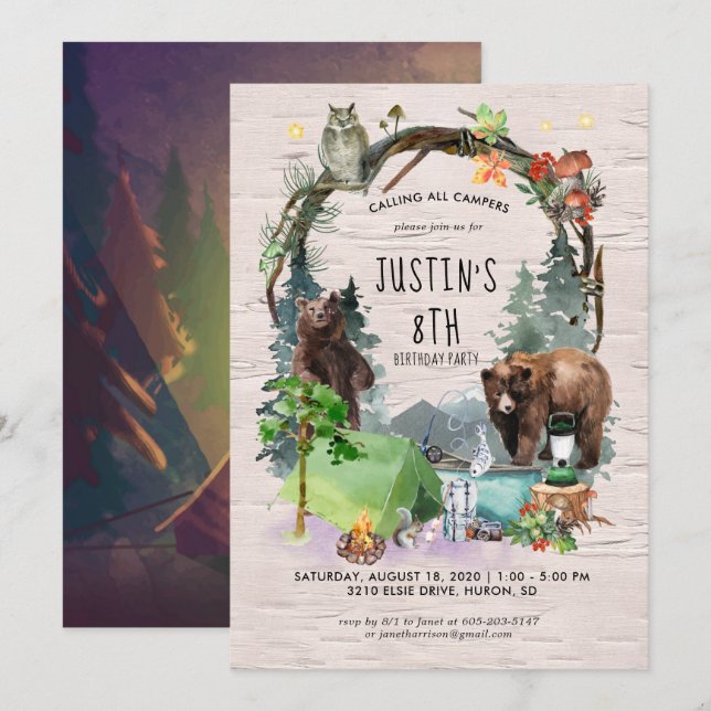 Camping Invitation à une fête à thème (Devant / Derrière)