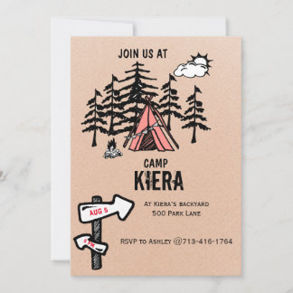 Camping invitation de fête d'anniversaire à thème 