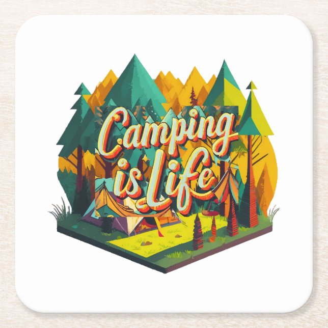 Camping is Life Square Paper Coaster (Front)