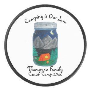 Camping is Our Jam Tent and Mountains in Jar Hockey Puck
