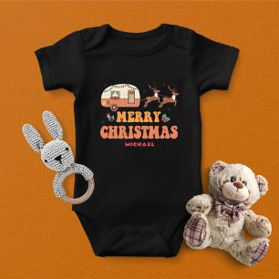 Camping Merry Christmas Reindeer Personalized Name Baby Bodysuit