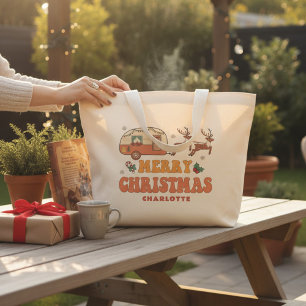 Camping Merry Christmas Reindeer Personalized Name Large Tote Bag