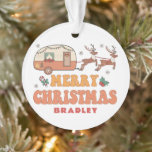 Camping Merry Christmas Reindeer Personalized Name Ornament<br><div class="desc">Camping Merry Christmas Reindeer Personalized Name Ornament features the text "Merry Christmas" in a retro script typography with a festive decorated caravan being pulled by reindeer and accented with snowflakes and holly. Personalize with your custom name. Designed by Evco Studio www.zazzle.com/store/evcostudio</div>