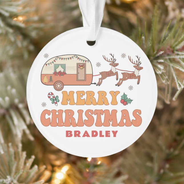 Camping Merry Christmas Reindeer Personalized Name Ornament (Tree)