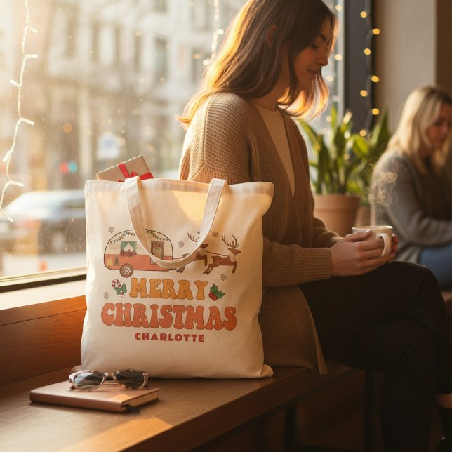 Camping Merry Christmas Reindeer Personalized Name Tote Bag (Creator Uploaded)