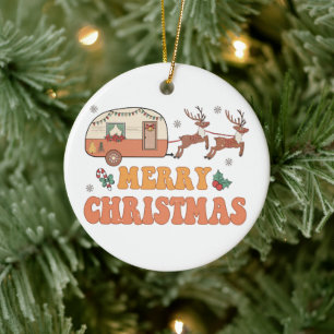 Camping Merry Christmas Reindeer Typography Ceramic Ornament