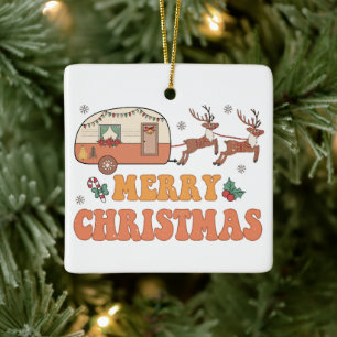 Camping Merry Christmas Reindeer Typography Ceramic Ornament