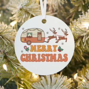 Camping Merry Christmas Reindeer Typography Metal Ornament