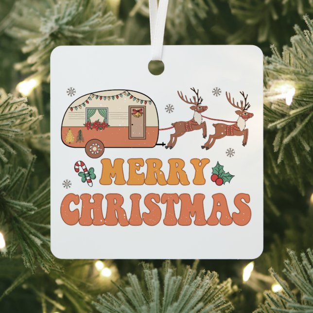 Camping Merry Christmas Reindeer Typography Metal Ornament (Insitu)
