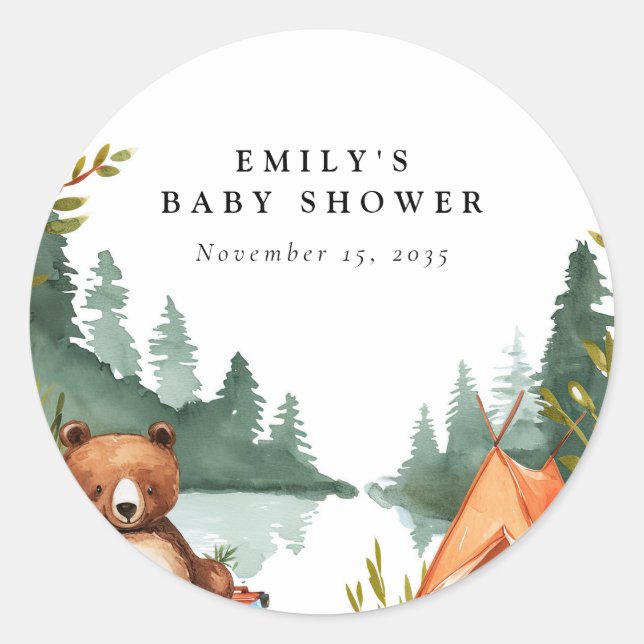 Camping Mountain Rustic Baby Shower Classic Round Sticker (Front)