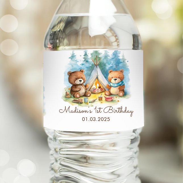 Camping Mountain Rustic Birthday Party Water Bottle Label (Creator Uploaded)