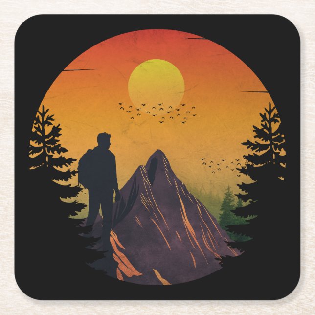 Camping nature sunset square paper coaster (Front)