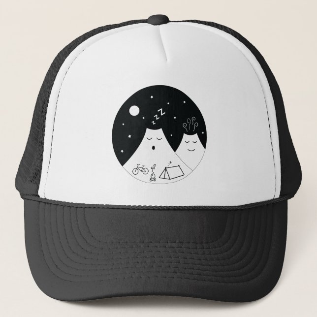 Camping on a sleepy volcano trucker hat (Front)