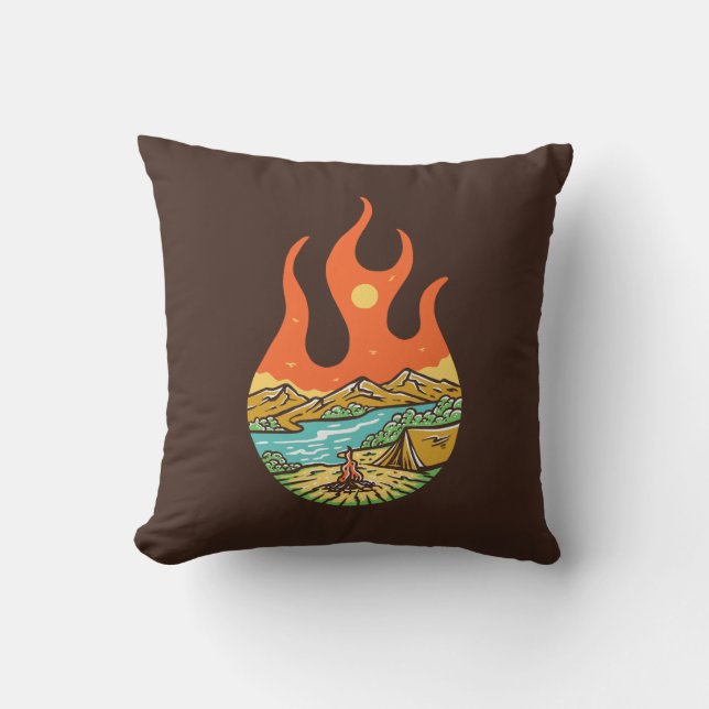 Camping on Fire Throw Pillow (Front)