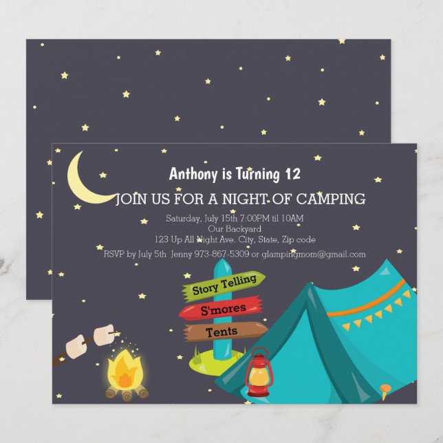 Camping Out With Campfire Birthday Party Invitation (Front/Back)