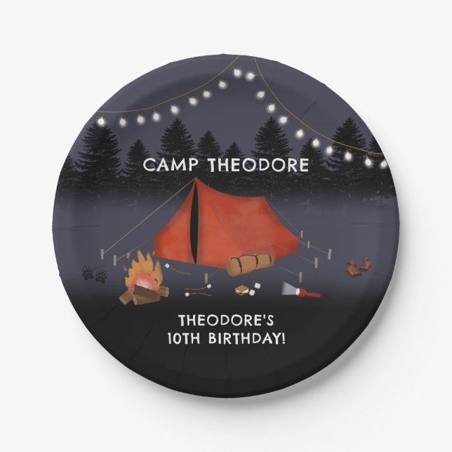 Camping Outdoor Adventure Campfire Birthday Party Paper Plate (Front)