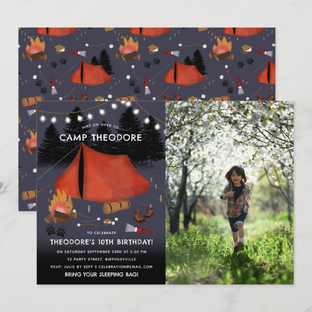 Camping Outdoor Adventure Campfire Birthday Photo Invitation (Front/Back)