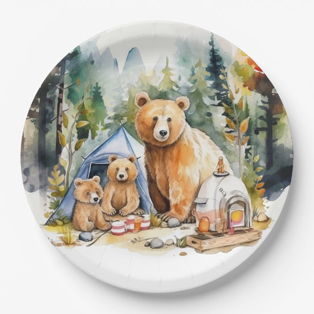 Camping Party Barbecue with bear family Paper Plate (Front)
