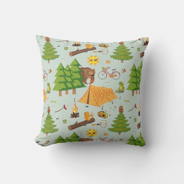 Camping Pattern Throw Pillow (Front)