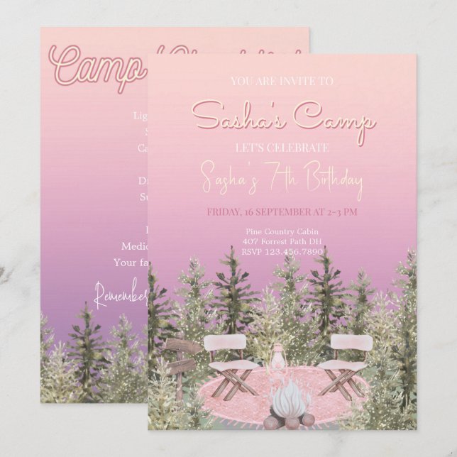 Camping Pique-nique Forêt Fille Invitation Anniver (Devant / Derrière)