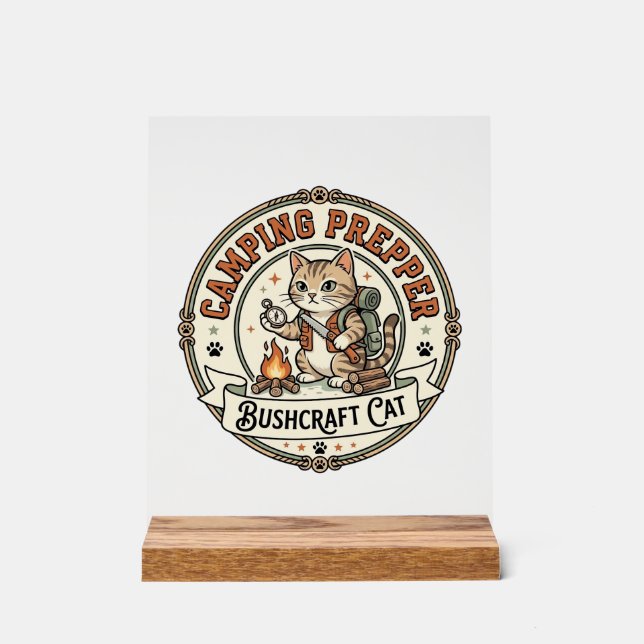 Camping Prepper Bushcraft Cat Camping Prepper Bush Acrylic Sign (Front)