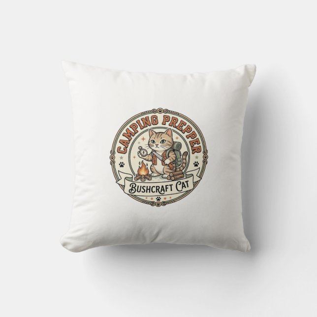 Camping Prepper Bushcraft Cat Camping Prepper Bush Throw Pillow (Front)