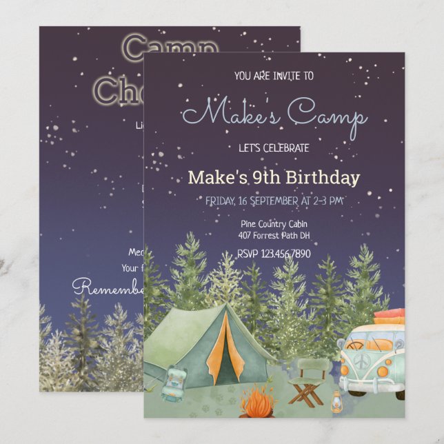 Camping sac à dos Boy Invitation d'anniversaire (Devant / Derrière)