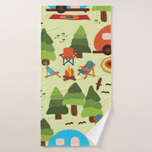 Camping scene - caravan, camping chairs, fire plac bath towel