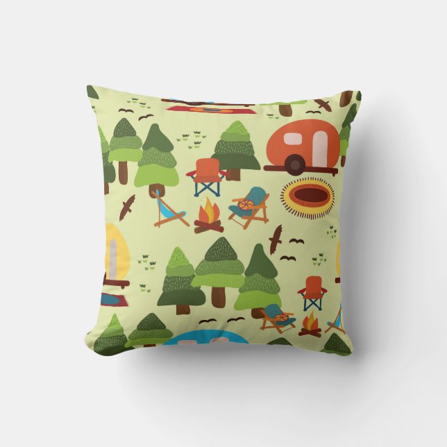 Camping scene - caravan, camping chairs, fire plac throw pillow (Front)