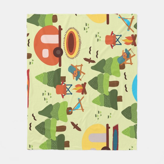 Camping scene, seamless vintage pattern fleece blanket (Front)