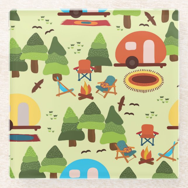 Camping scene, seamless vintage pattern glass coaster (Front)