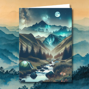 Camping Scene with Mountains and Tent   Birthday Card