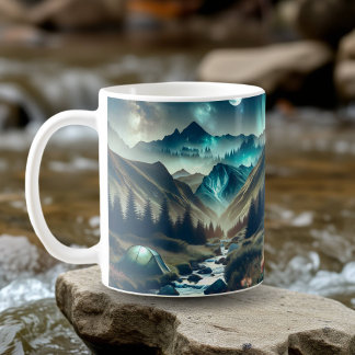 Camping Scene with Mountains and Tent Coffee Mug