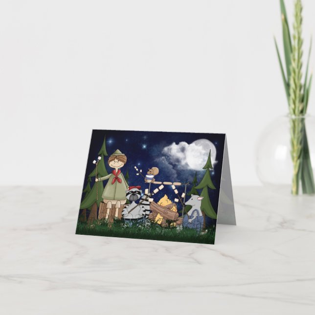 Camping Scout Boy with Raccoon and Opossum Card (Front)