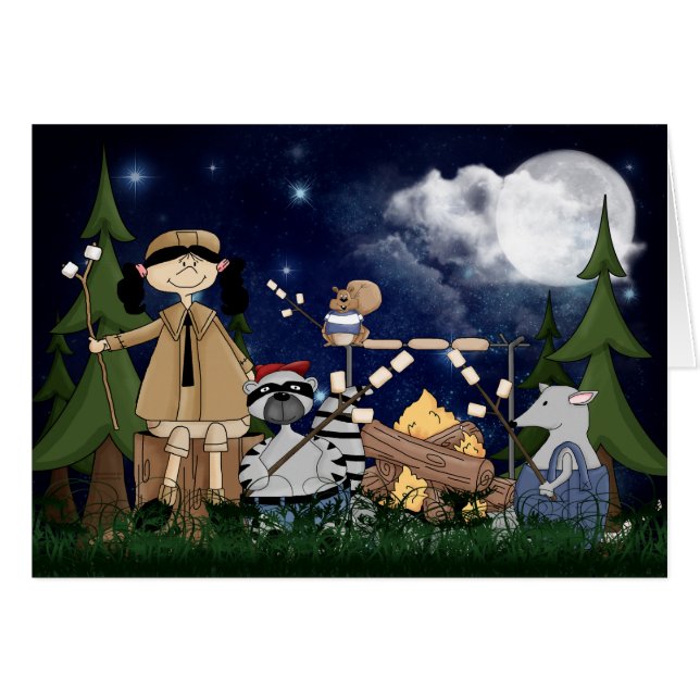 Camping Scout Girl avec Raccoon et Opossum (Devant Horizontal)