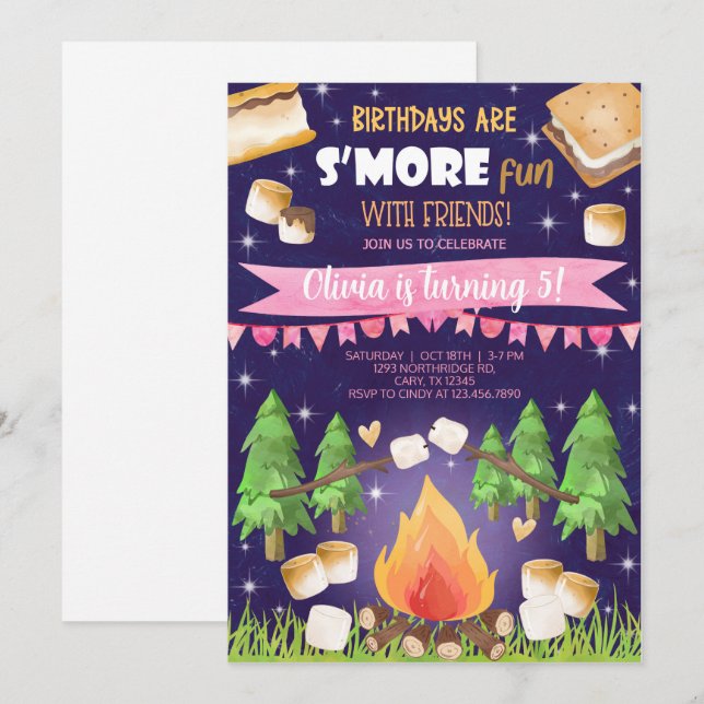 Camping smore fun girl birthday invite. invitation (Front/Back)