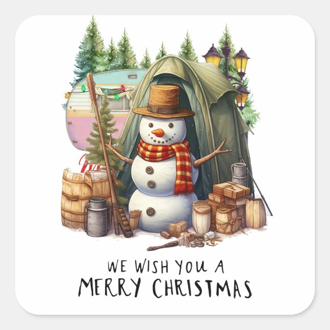 Camping Snowman Christmas Themed for Camper Square Sticker (Front)