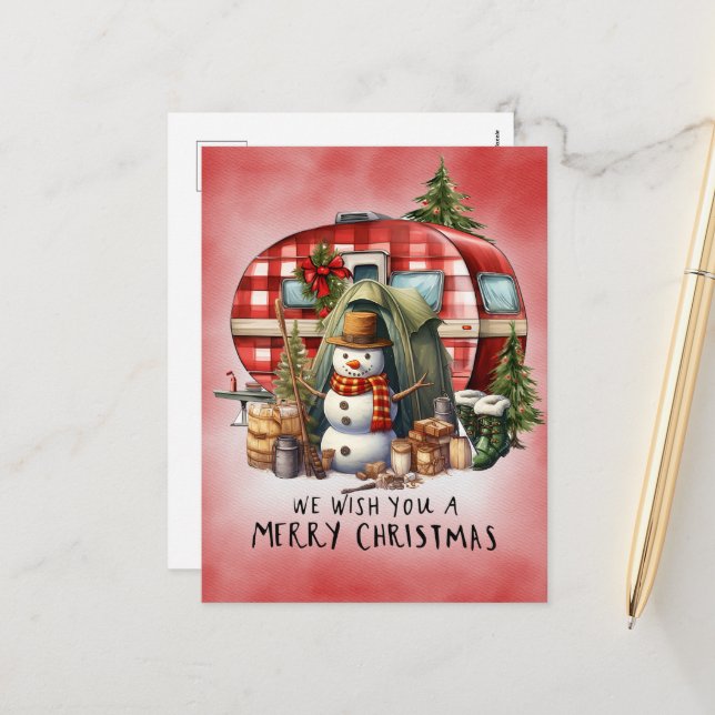 Camping Snowman Christmas Themed  Holiday Postcard (Front/Back In Situ)
