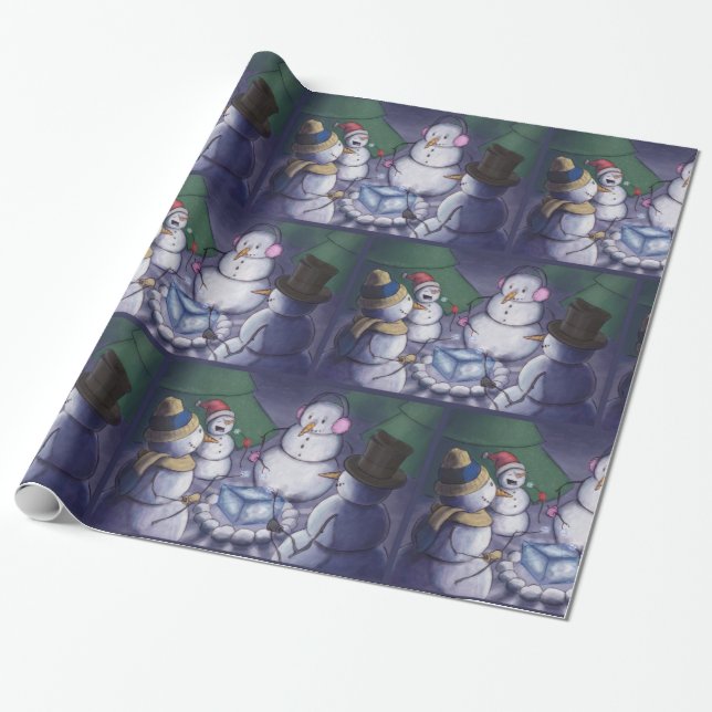 Camping Snowmen Christmas Wrapping Paper (Unrolled)