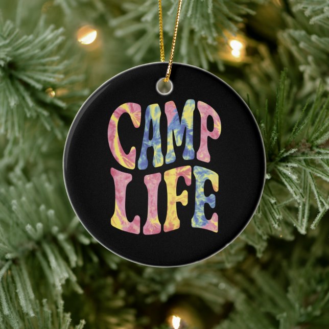Camping Summer Girls Camp Life Tie-Die Retro  Ceramic Ornament (Tree)