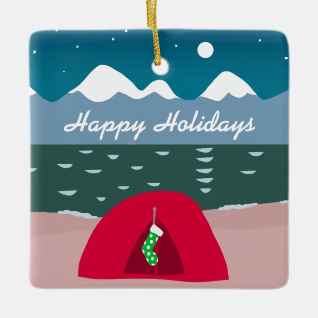 Camping Tent at Christmas Ceramic Ornament (Front)