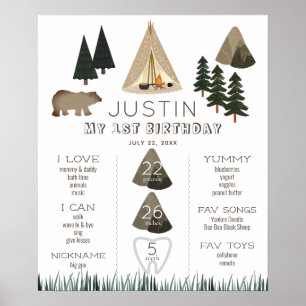 Camping Tent Bear Boy 1st Birthday Milestone Poster