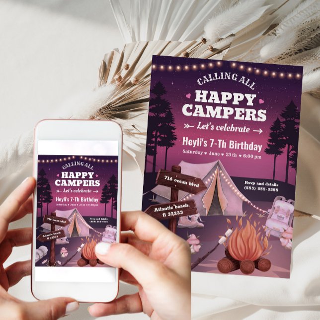 Camping Tent Bonfire Girl Birthday Invitation (Creator Uploaded)